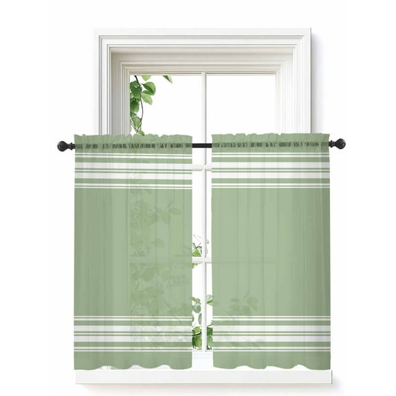 Sage Green Curtains 45 Inch Length, Sheer Curtains for Bedroom Living Room Window Farmhouse Sage Green White Striped Rod Pocket Voile Drapes Kitchen Curtains Small Half Window 42"x45" 2 Panels