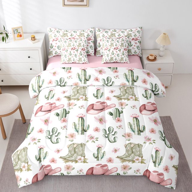 Erosebridal Bottes de Cowgirl Literie Taille Simple pour Filles, Chapeaux Roses Ensemble de Couette Floral Cactus Vert, Réversible 7 Pcs