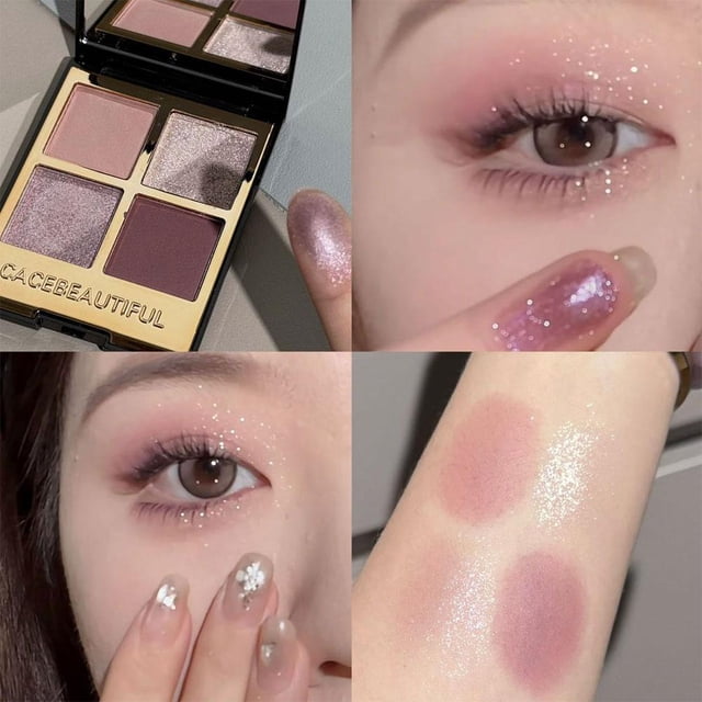 Compact 4-Color Eyeshadow Palette Kit: Shimmer & Matte Finishes, Black, Gold & Earth Tones for Travel, Portable Makeup Set