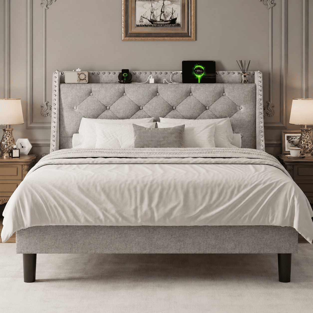 Virans Queen Bed Frame with 16" Deluxe Wingback & Charging Station, Upholstered Platform Bed with Button Tufted Storage Headboard,Light Gray