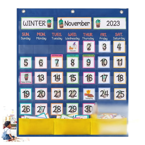 Kids Calendar Learning Pocket Chart with 89 Pieces Cards, Interactive Date Weather Season Educational Chart for Classroom Homeschool Home Learning