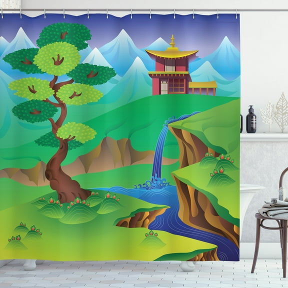 Ambesonne Tibetan Shower Curtain, Cartoon Chinese Forest, 69"Wx70"L, Multicolor