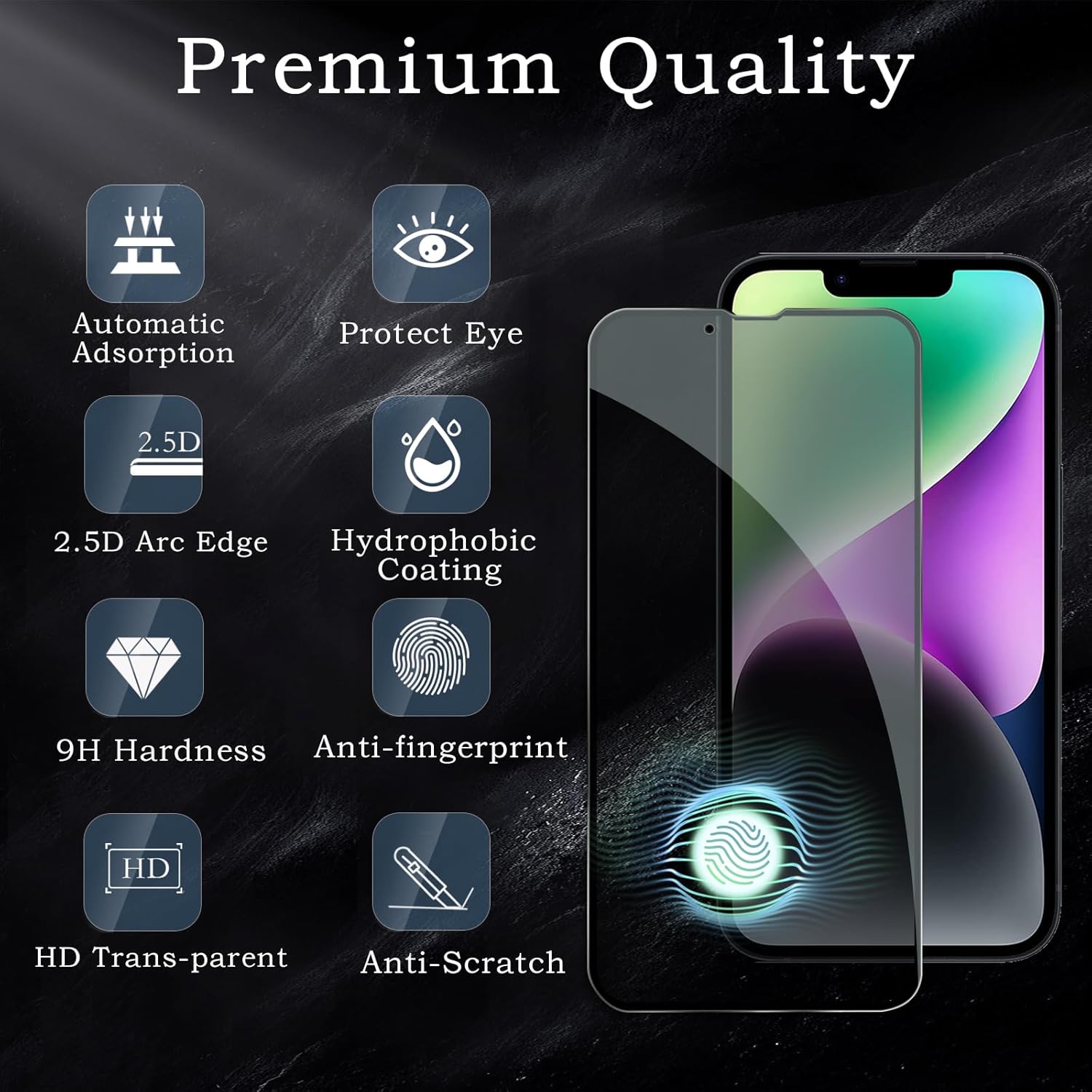 NEOYFC for Screen Protector for iPhone 14, Shatterproof Tempered Glass Accessories, Anti Spy Tempered Glass Film, Case Friendly Ultra Resistant 9H Hardness Anti-Glare HD Black -3 Pack