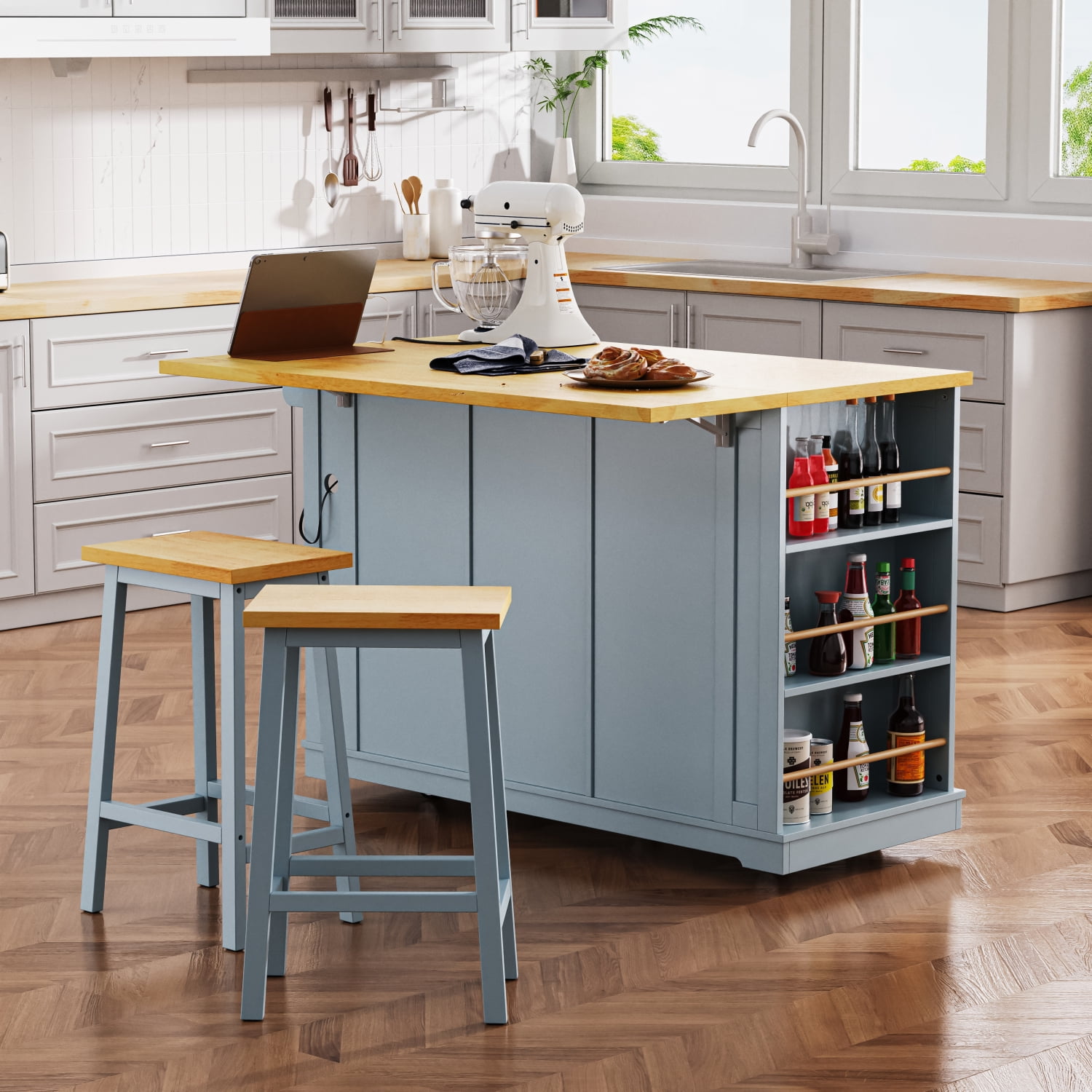 Harper & Bright Designs Large Kitchen Island with 2 Bar Stools and Power Outlet, Kitchen Storage Cart on 5 Wheels with Drop Leaf and Door Internal Storage Rack & 3 Drawers, Grey-Blue