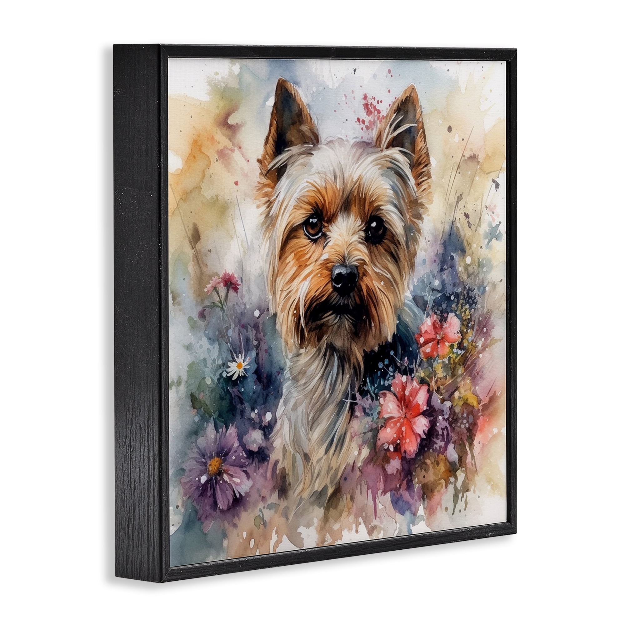 Stupell Industries Floral Adorned Yorkie Animals & Insects Painting Black Framed Art Print Wall Art, 17 x 17