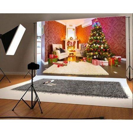 Image of HelloDecor 7x5ft Christmas Decoration Tree Backdrop Gifts Fireplace Stocking Sofa Carpet Damask Wallpaper Wood Floor Interior Photography Background Kids Children Adults Photo Studio Props