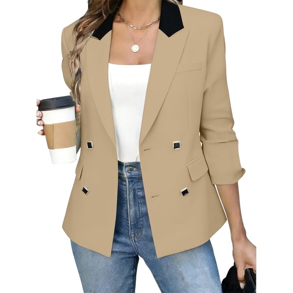 Xdegoge Womens Double Breasted Blazer Jacket Contrast Lapel Collar Long Sleeve Suit Coat with Buttons Office Business Casual Workwear Professional Outerwear
