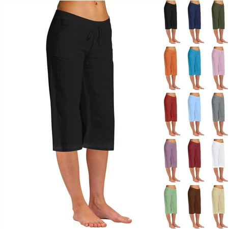 QATAINLAV Womens Cotton Linen Capris Pants High Waisted Wide Leg Drawstring Cropped Trousers Solid Casual Plus Size Straight Leg Capri Pant Khaki 3XL Vacation Sale