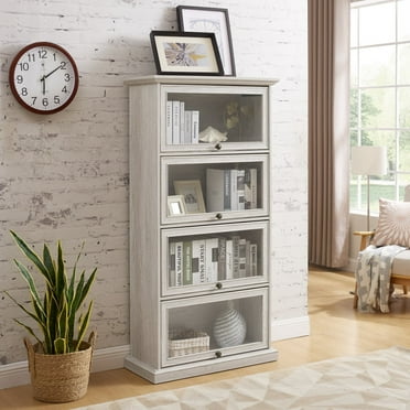4 Tier Glass Display Cabinet Storage Curio Cabinet with Flip up Glass Doors, Bookcase for Living Room, Antique White