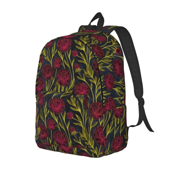 Disketp Burgundy Peony Flowers print Canvas Backpack Lightweight Travel Daypack Student Rucksack Laptop Backpack-Medium