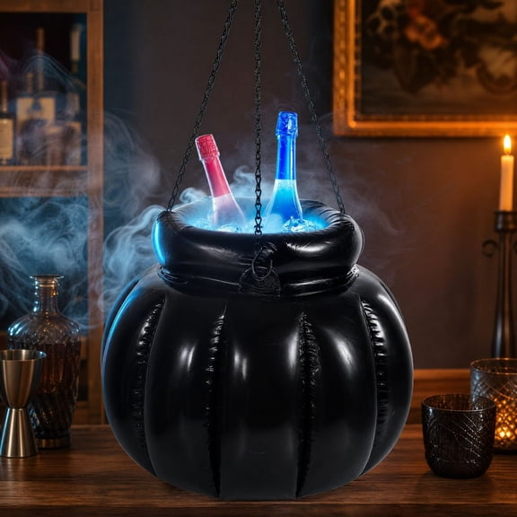 Halloween inflatable witch cauldron ice bucket with LED mist maker, hanging decor, plastic pumpkin for parties and outdoor display black