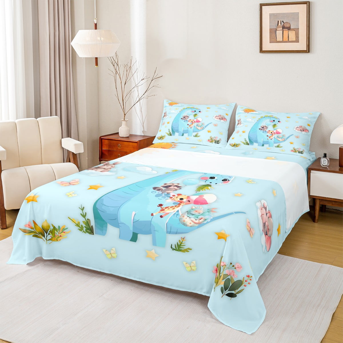Homewish Cute Jungle Dino Dinosaur Twin Sheet Sets 3pcs for Kids Teens Cartoon Wildlife Giraffe Twin Fitted Sheet Microfiber Woodland Animal Breathable Flat Sheet Luxury Bedroom Decor