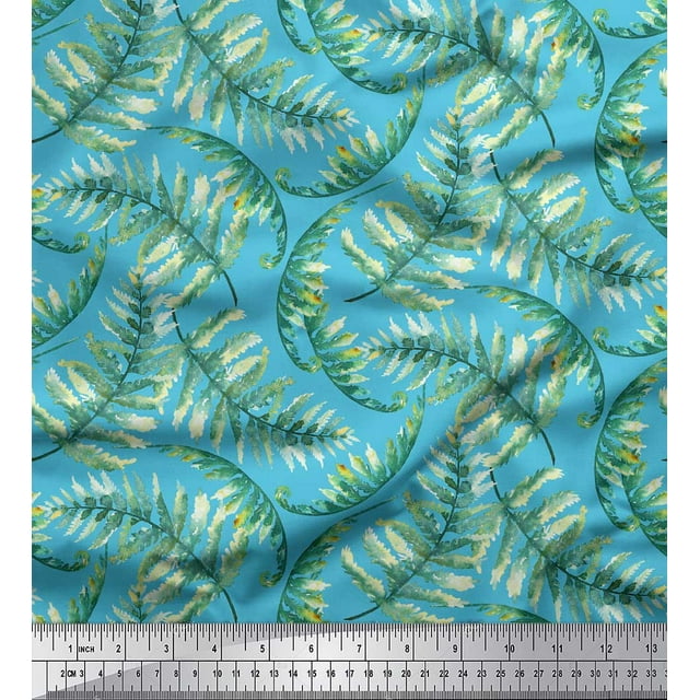 Soimoi Blue Modal Satin Fabric Cedar Leaves Print Fabric by the Yard 42 Inch Wide