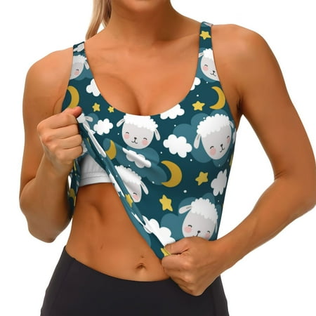 Qokaie Sweet Dream Lamb Pattern Womens Scoop Neck Sports Bra Breathable Workout Vest Padded U Back Medium Impact Fitness Gym Yoga Bra Workout Crop Top