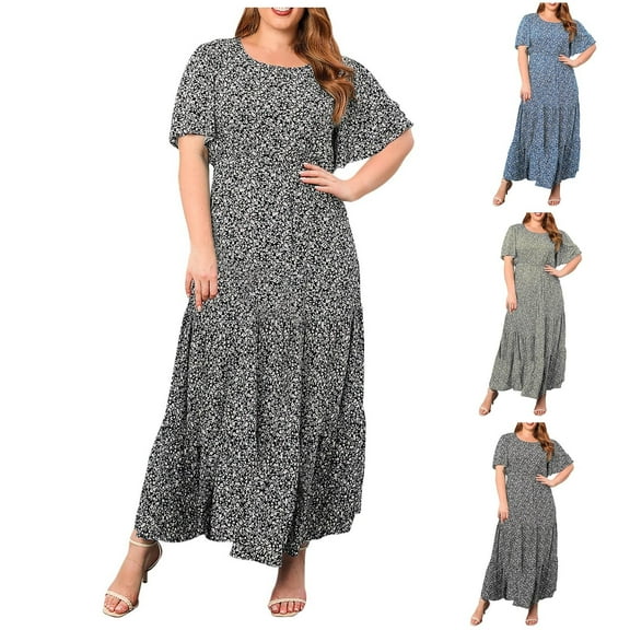 Plus Size Dresses for Women Casual Round Neck Womens Dresses Loose Short Sleeved Long Skirt