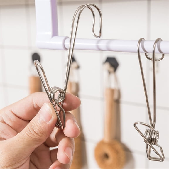 Stainless Steel Wire Binder Clips with Hook, Multi-purpose Clothes Pins, Heavy Duty Hanging Clips for Home Office Outdoor, 5 Pcs, 4.33x0.78"