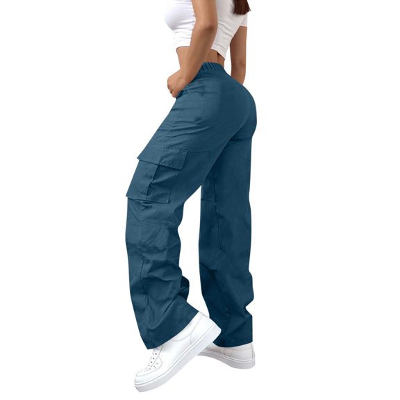 Costeam Womens Cargo Pants High Waisted Elastic Waist Button Closure with Multi Cargo Pockets Loose Fit Wide Leg Straight Casual Trousers Lightweight Durable Utility Baggy Long Pants