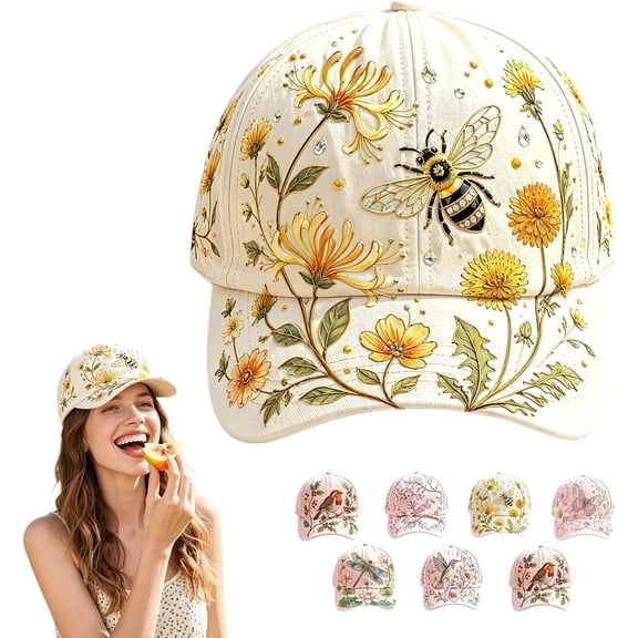 Bee and Bloom Hat for Women, Embroidered Garden Morning Hat, Adjustable Breathable Baseball Cap for Gardeners Women