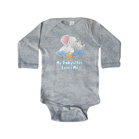

Inktastic My Babysitter Loves Me Cute Elephants Clouds Moon and Stars Gift Baby Boy or Baby Girl Long Sleeve Bodysuit