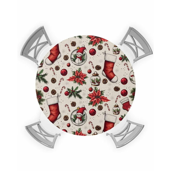 nqOlkjepod Christmas Round Tablecloth, Fitted Table Cover with Elastic for 45"-54" Round Tables, Xmas Snowman Tree Snowflake Balls Rustic Table Cloth Outdoor Dinning Party Waterproof Tablecloths
