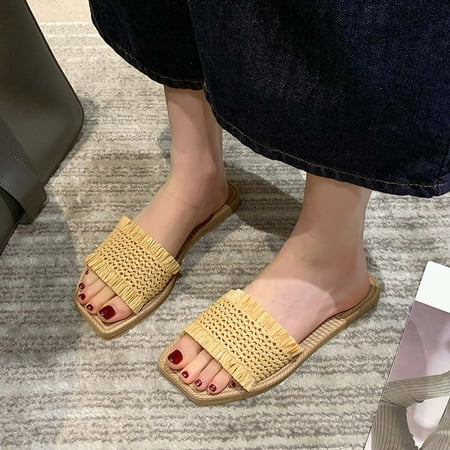 

Sandals for Women Dressy Summer Gnobogi Womens Summer Fashion Flat Slippers Casual Weaving Style Beach Slippers Womens Sandals Khaki