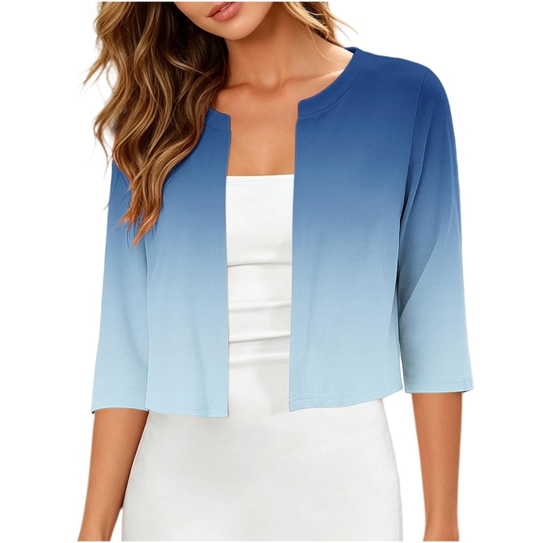 Stamzod Womens Shrugs for Summer Dress Fashion Gardient Print 3/4 Sleeve Bolero Shrug Open Front Cropped Cardigan Blue D S
