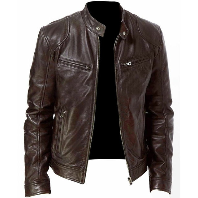 Chaqueta de cuero para hombre de estilo europeo y americano, chaqueta de cuero de motociclista punk con cuello alto para jóvenes y hombres