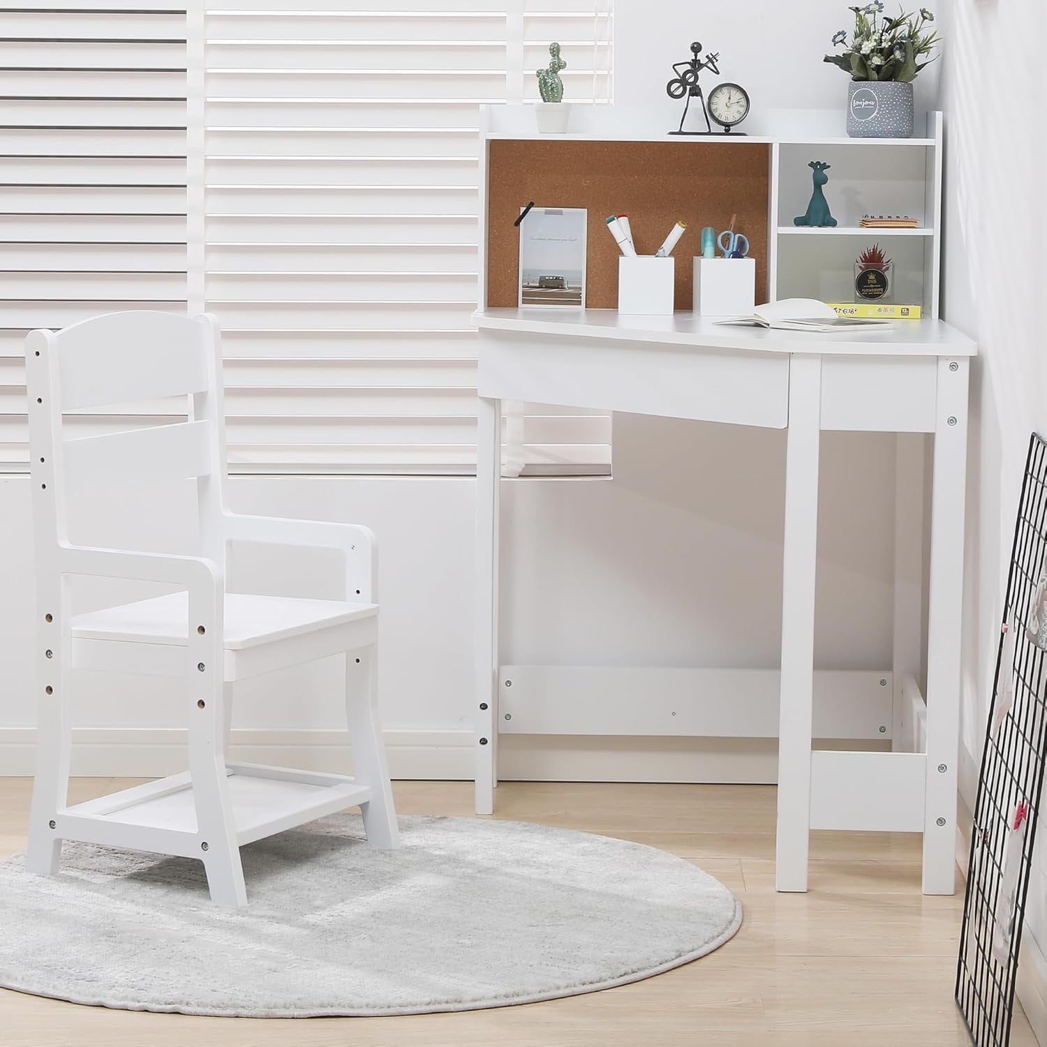 Kids Study Desk and Chair Set, White Corner Table with Adjustable Chair, Hutch, Cork Bulletic Board, Pen Holders, Small Art Table Homework Table Set for Children for Home School