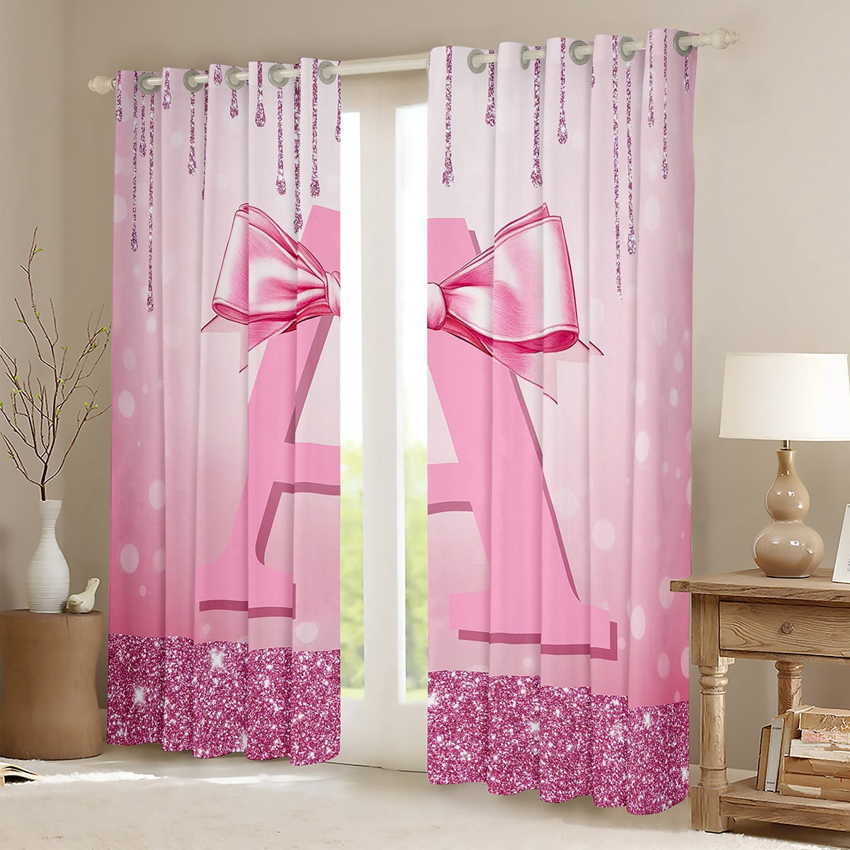 jejeloiu Monogrammed A Blackout Curtains Set of 2 (52x84 Each),Cute Girls Bowtie Window Curtains,Pink Glitter Print Curtains and Drapes For Child,Microfiber Room Decorative