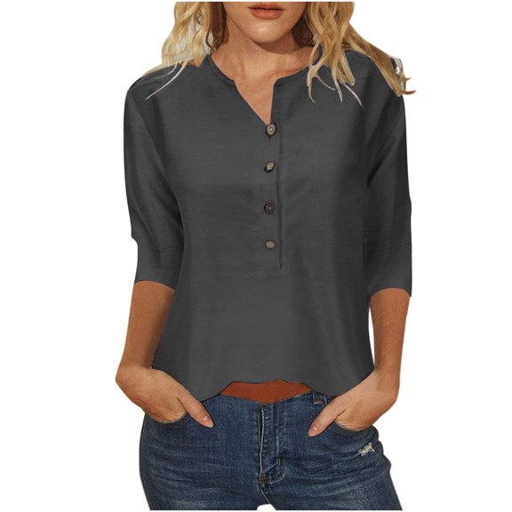 nerohusy 3/4 Sleeve Shirts for Women,Womens 3/4 Sleeve Blouses Casual Loose Fit Solid Color Button V Neck Tops Ladies Three Quarter Length Sleeve T-Shirts,Dark Gray,S