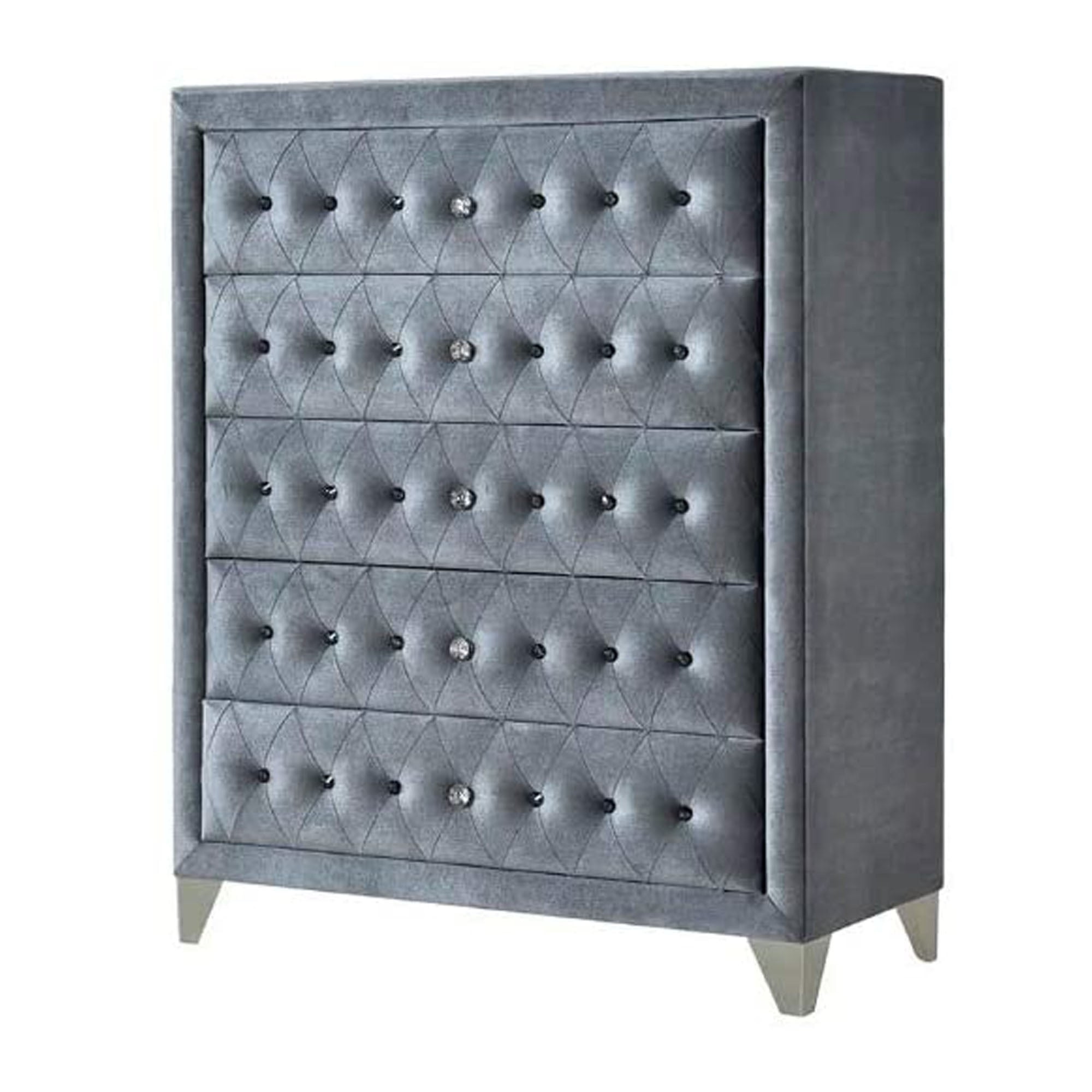 Five Drawers Velvet Upholstered Chest With Crystal Tufting, Gray
