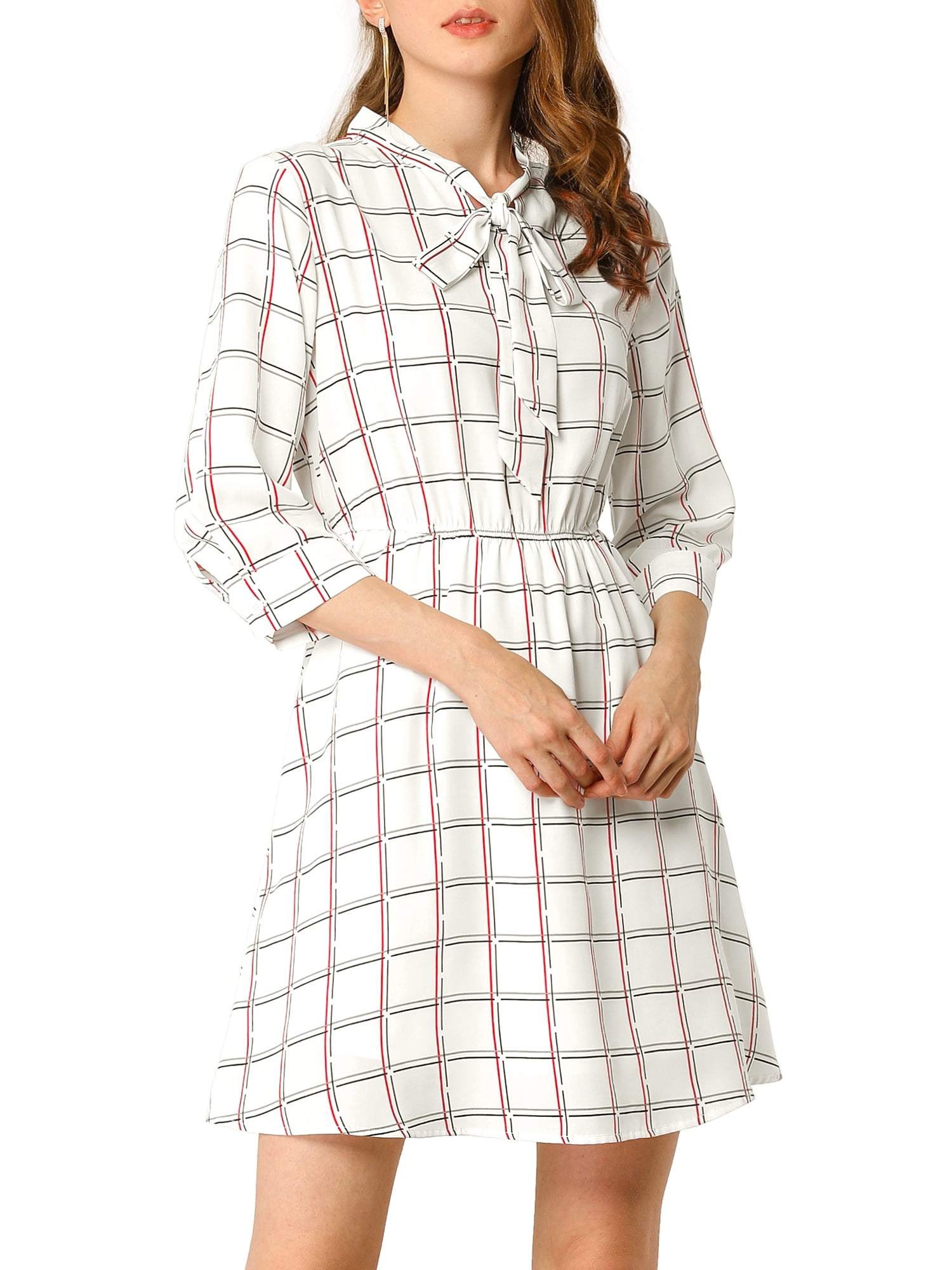 Unique Bargains Women's Plaids Print Tie-bow Neck 3/4 Sleeve Work Office Dress