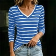 thumbnail image 4 of CLOISE Women's 3/4 Sleeve Tops and Blouses V Neck Shirts Slim Striped Pullover Casual Fall Clothes Blue S, 4 of 7