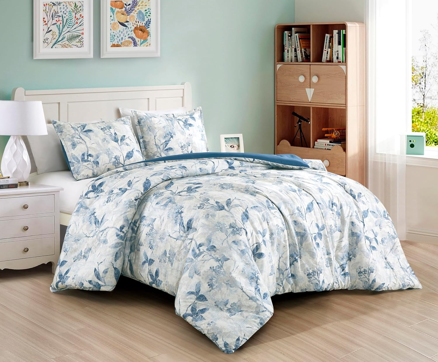 Chezmoi Collection Monica 3-Piece Boho Floral Comforter Set, Queen, Blue Gray White Tropical Flower Textured Printed Microfiber Lightweight Bedding Set