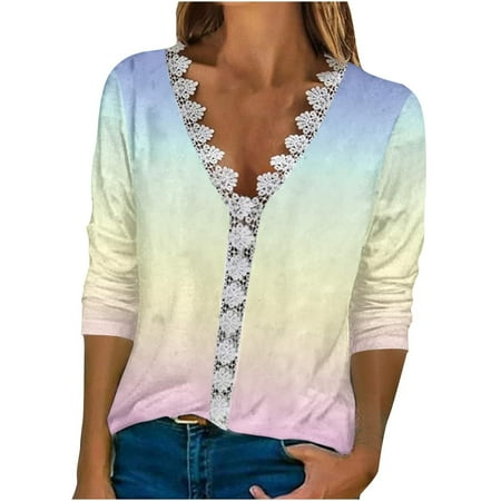 

QIPOPIQ Clearance Sweatshirts for Women Fashion T Shirts Floral Printed Lace Three Quarter Sleeve V Neck Casual Tops