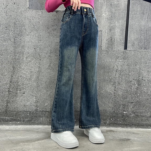 Juslio Girls Pants Casual Teen Girls Jeans Loose Straight Leg Wide Leg Navy