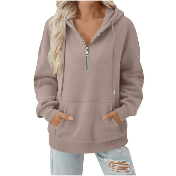 Half Zip Hoodies for Women Long Sleeve Loose Sweatshirts Pullover Casual Hooded Tunic Tops with Pocket