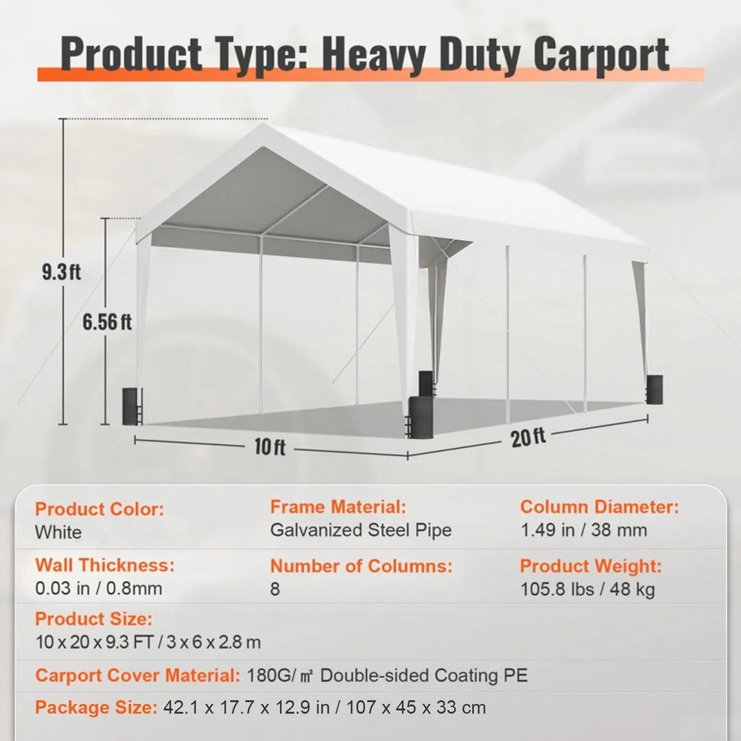 KFFKFF Carport Car Canopy Garage Shelter Tent 10x20ft with 8 poles for car boat