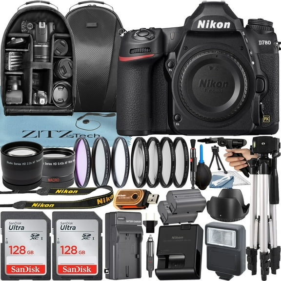 Nikon D780 DSLR Camera (Body Only) with 24.5MP CMOS Sensor   128GB Card   Case   Telephoto   Tripod   ZeeTech Accessory Bundle (International Version)