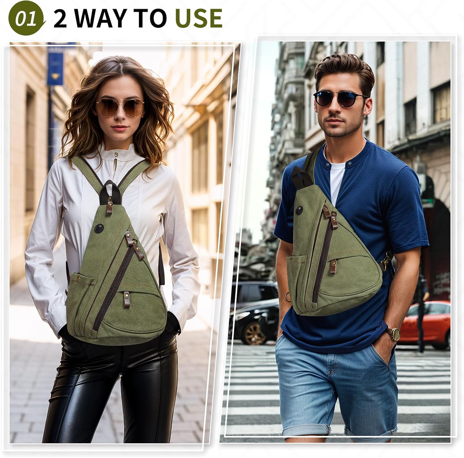Vintage Canvas Sling Bag with Genuine Leather Zipper, 3 in 1 Crossbody, Backpack, and Chest Bag, for Travel, Hiking, 16x10x6 Inches