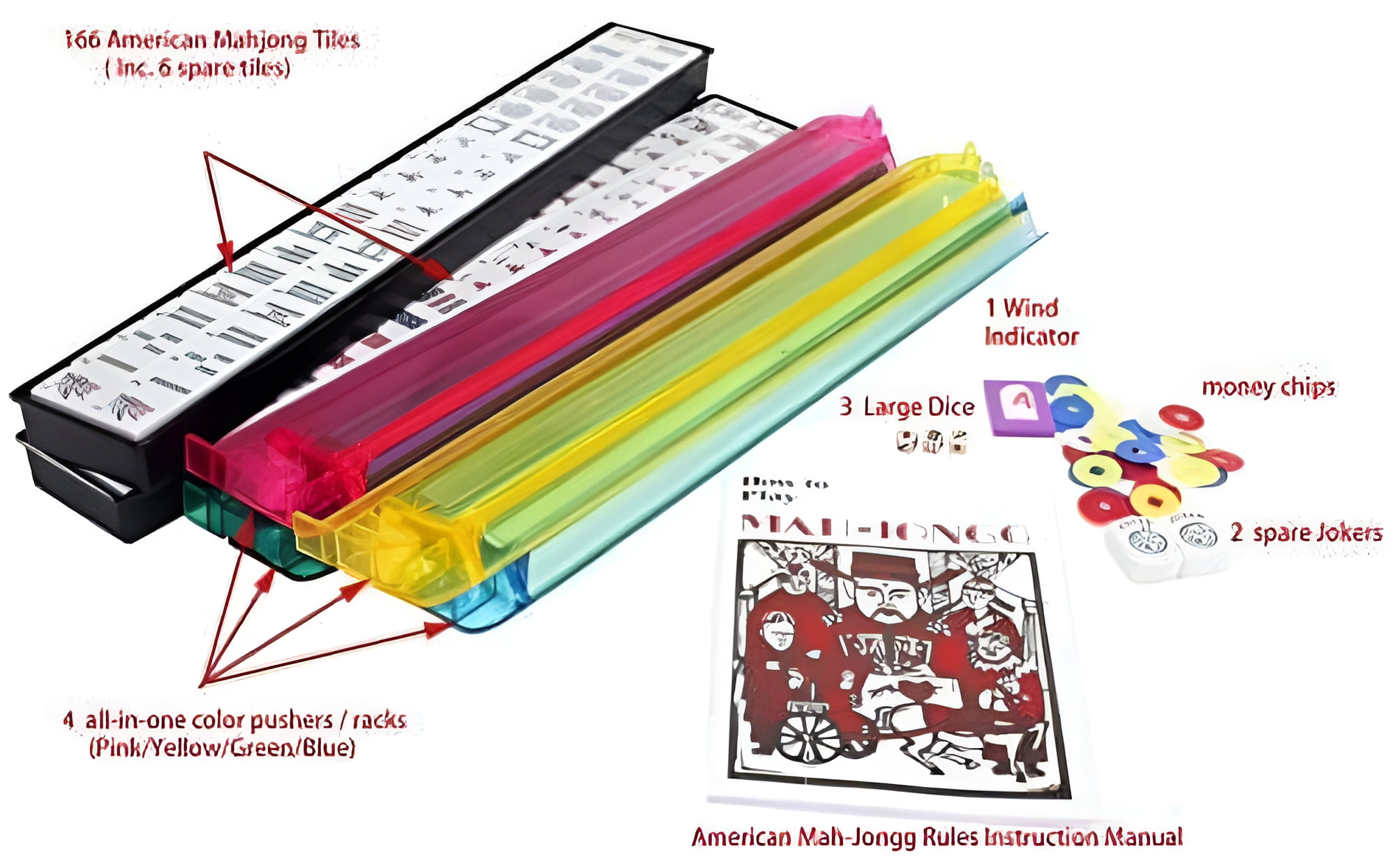 American Mahjong Set - Red Burgundy Soft Bag - 166 White Engraved Tiles, 4 All-in-One Rack/Pushers Western Mah Jongg Game Set