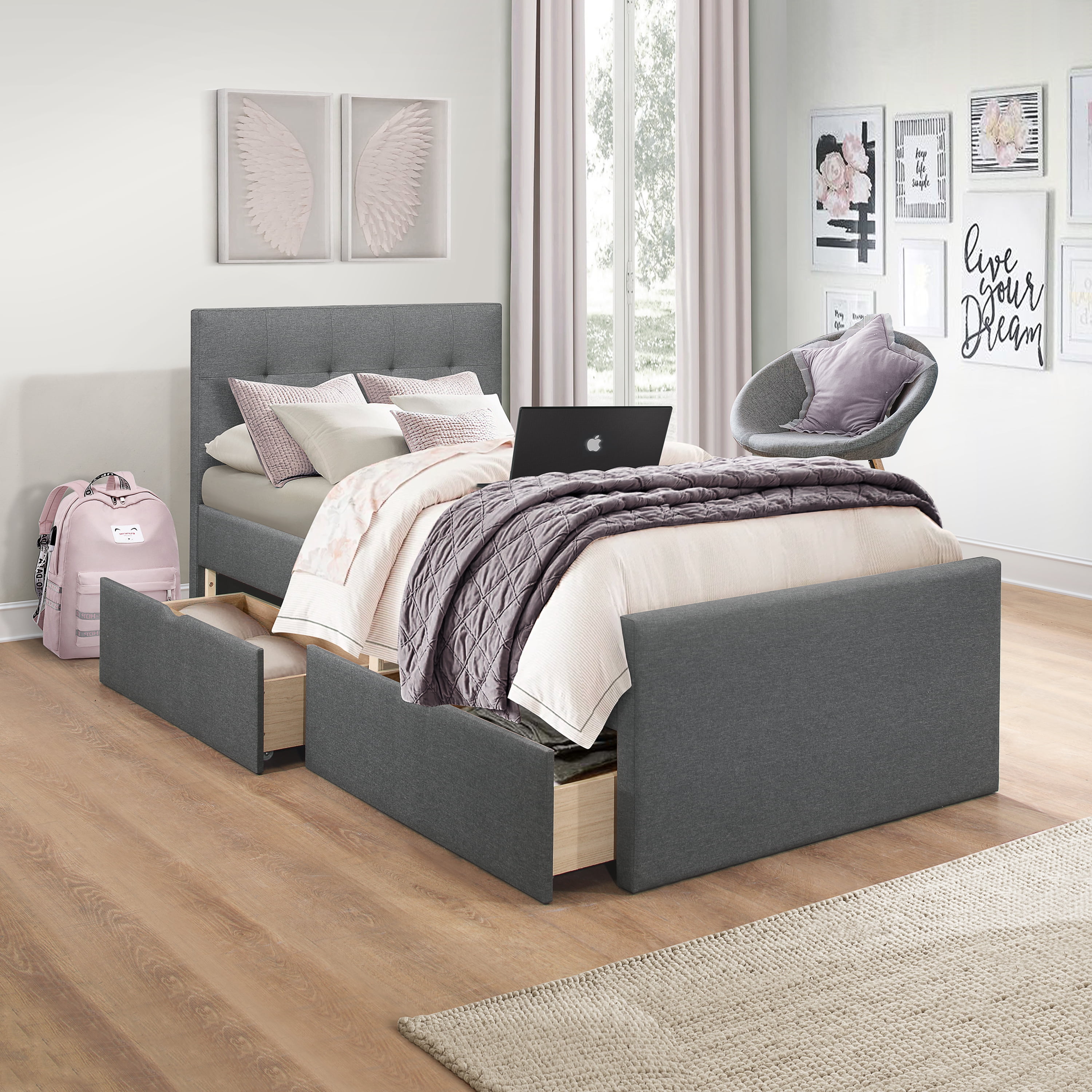 Twin Size Platform Bed Frame w/Tufted Headboard Gray Upholstered Bed Wood Frame 