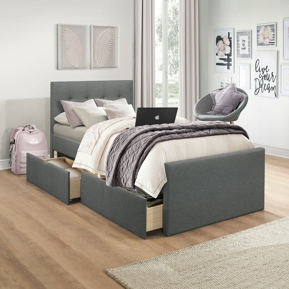 Emory Upholstered Twin Platform Bed With 2 Storage Drawers, Gray, by