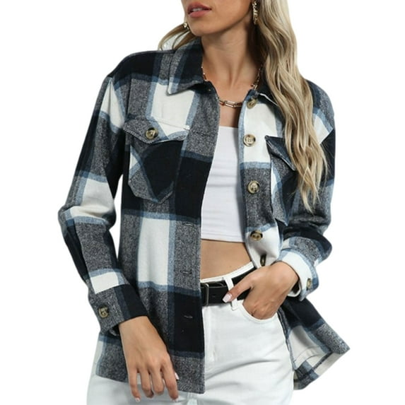 Gureui Women's Spring Fall Long Sleeve Button-up Coat, Solid Color/Plaid Print Lapel Neck Tops
