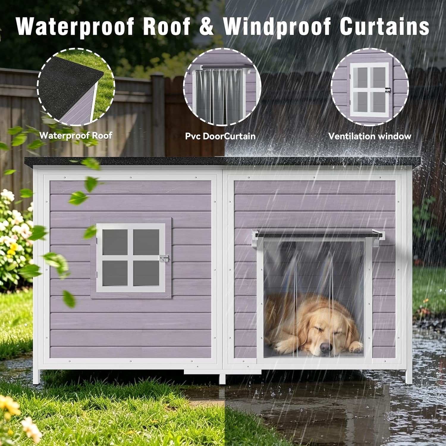 HomeSheek 59" Outdoor Dog House with Insulated Liner, Extra Large Kennel, Weatherproof Roof, Heavy-Duty Anti-Chew Frame for Various sizes Breeds