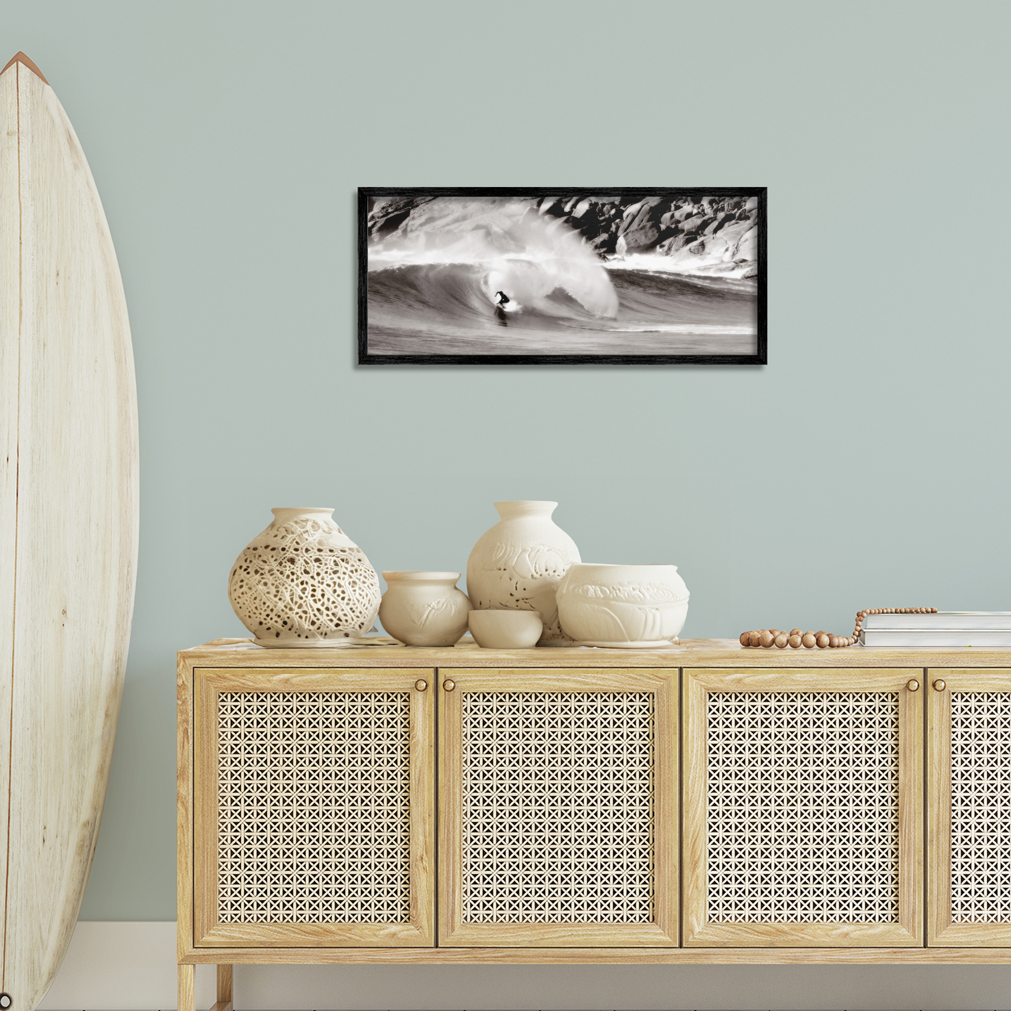 Stupell Industries Surfing Reef Break Coastal Photography Black Framed Art Print Wall Art, 30 x 13