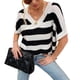 thumbnail image 1 of Suéter de punto informal de moda con rayas y cuello en V de manga corta para mujer Beige L, 1 of 5