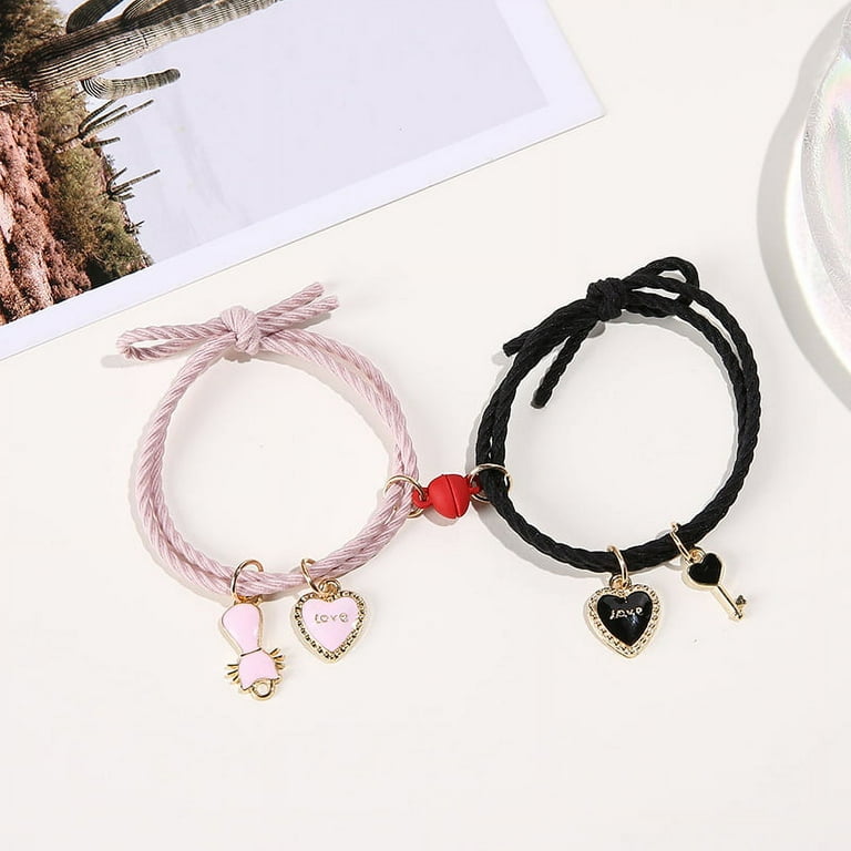 Cartoon Magnetic Couple Bracelets with Cat Love Heart Pendant Cute Mutually Attractive Friendship Rope Gifts for Friend New