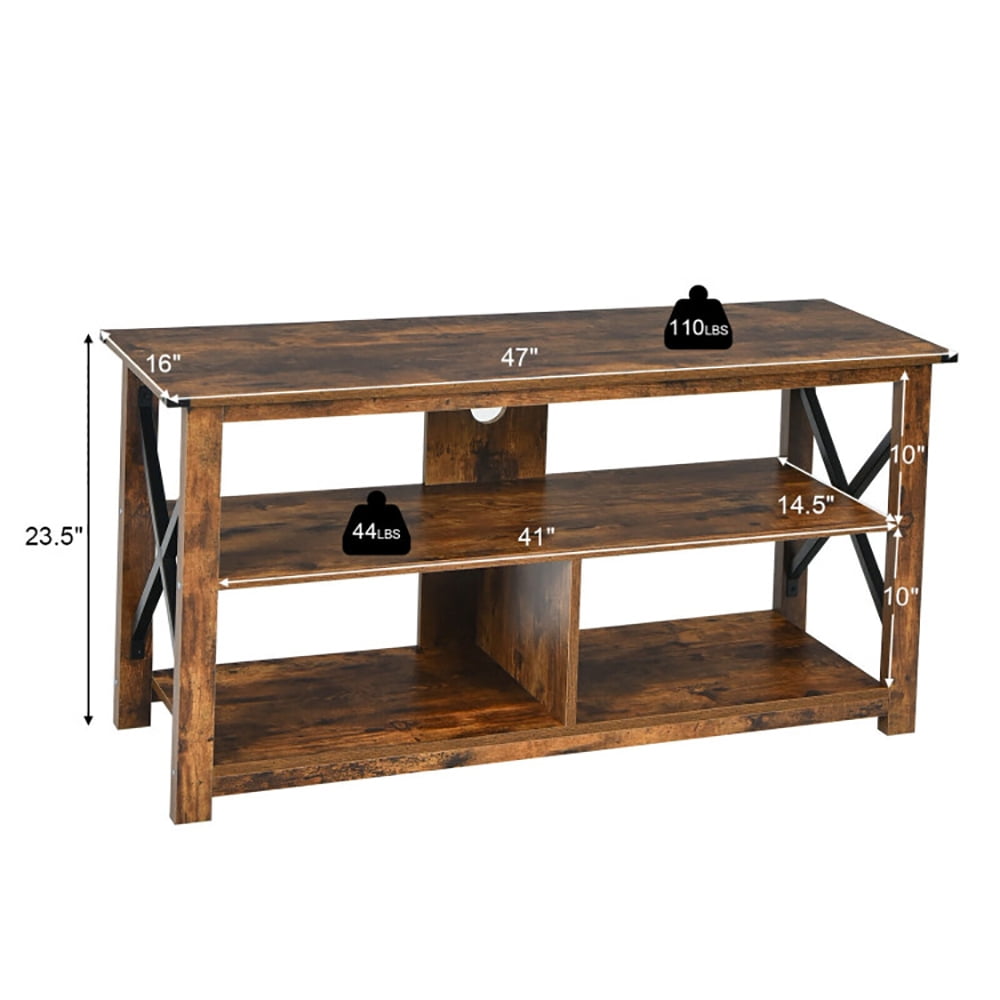 Finihen TV Stand, TV Cabinet, 3 Tier Wood TV Stand for 55-Inch with Open Shelves and X-Shaped Frame, Media Entertainment Center with Storage, for Living Room, Bedroom, Brown