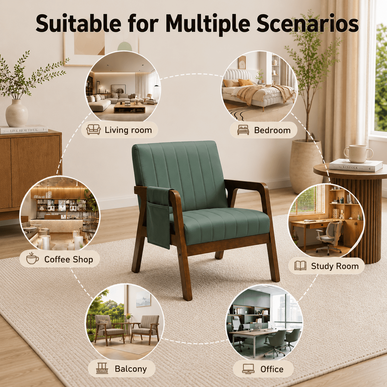 MOONMISS PU Leather Accent Chair,Mid-Century Modern Wood Frame Arm Chair with Side Pocket Cushioned Sofa,Green